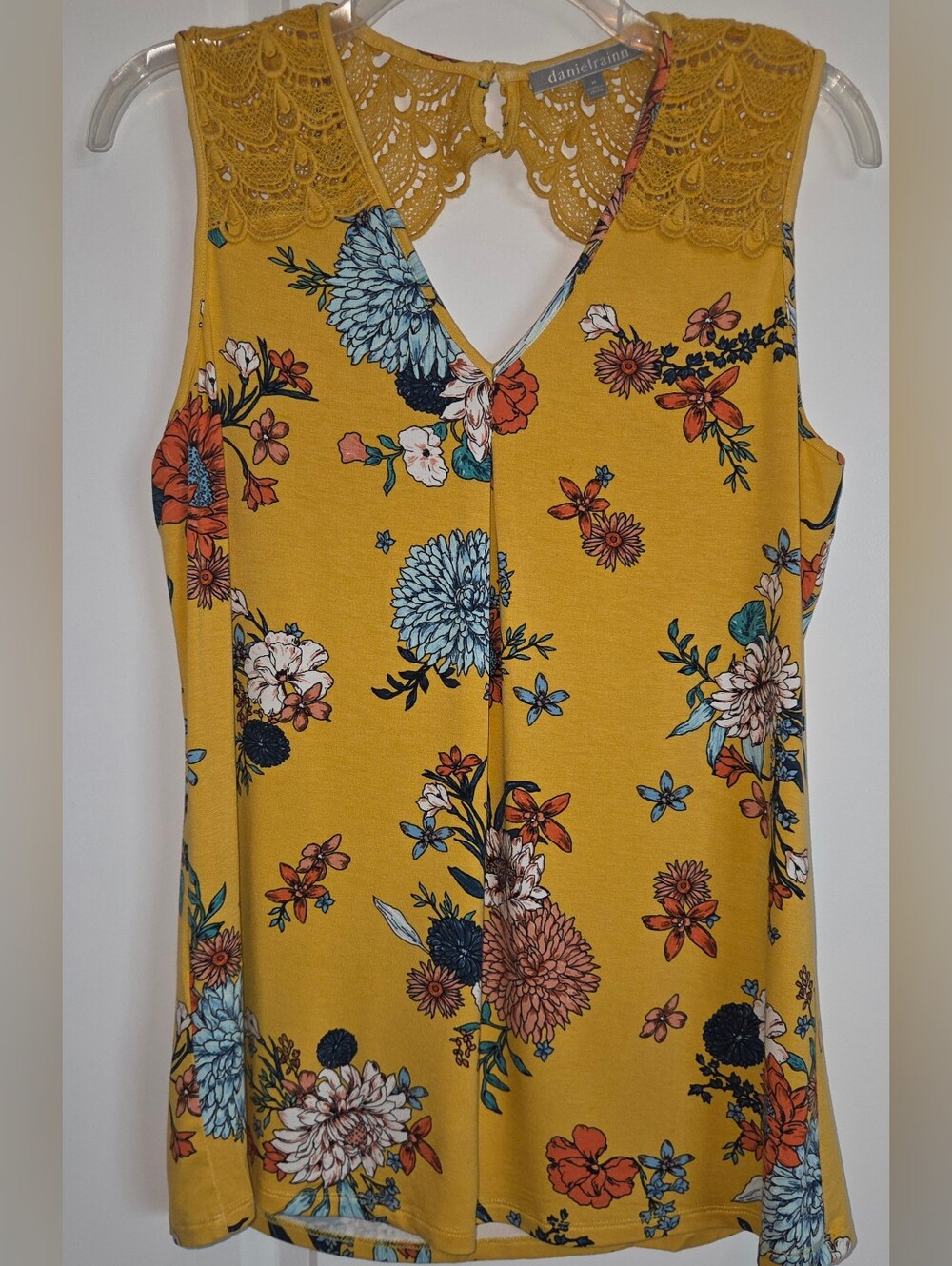 Daniel Rainn Mustard Yellow Floral Lace Yoke Keyhole Tank Top Medium